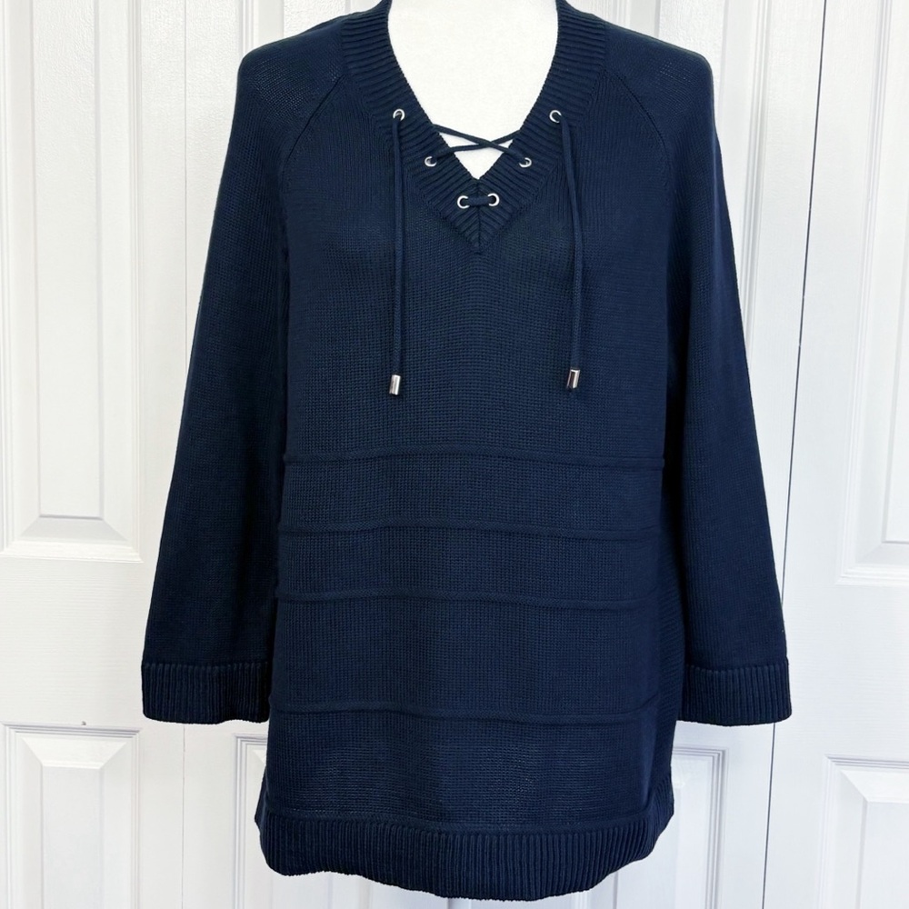 NWT Christopher & Banks Navy Blue Knit Lace Up 3/4 Sleeve Sweater Large
